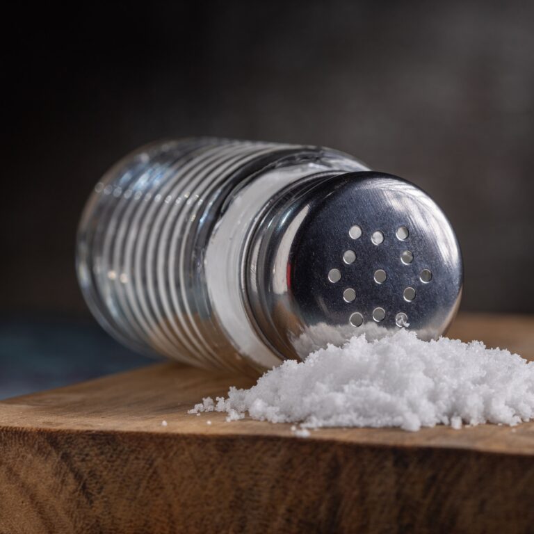 Glass salt shaker on the table.